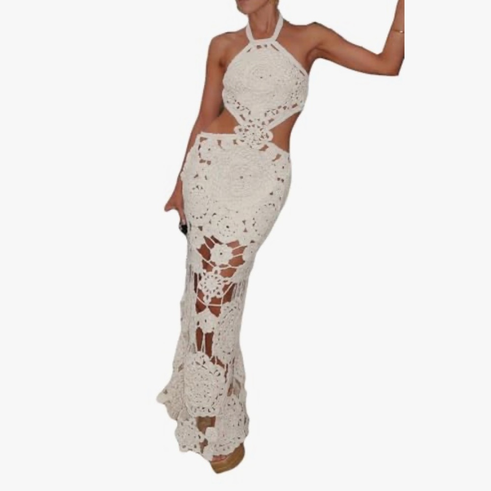 White Crochet Halter Backless Gown
